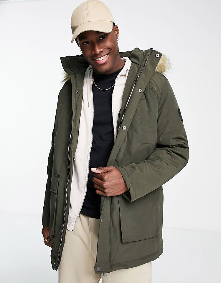 New Look faux fur trim hooded parka in khaki